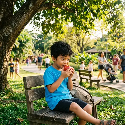 Young Filipino Boy Enjoying Fresh Apple in Park