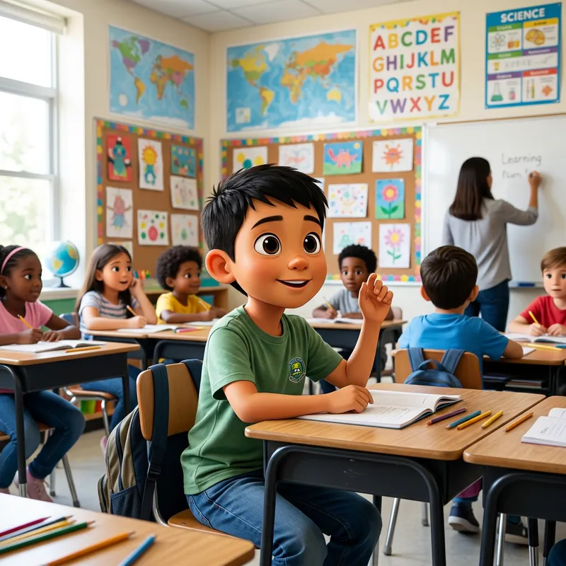 Diverse Classroom Scene: Student with Cartoon Face Diverse Classroom Scene: Student with Cartoon Face