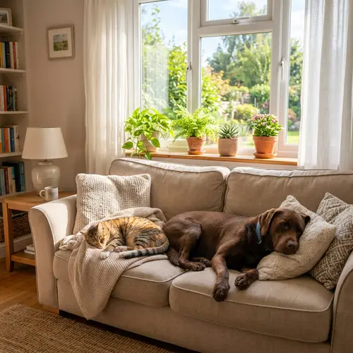 Playful Cat and Dog on Sofa by the Window