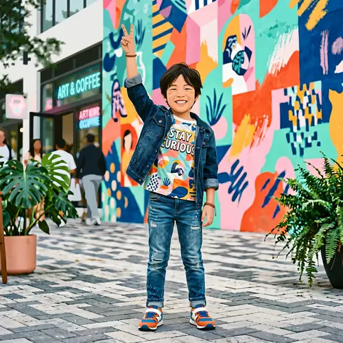 Young Asian Boy Poses with Peace Sign in Aesthetic 2D Photo
