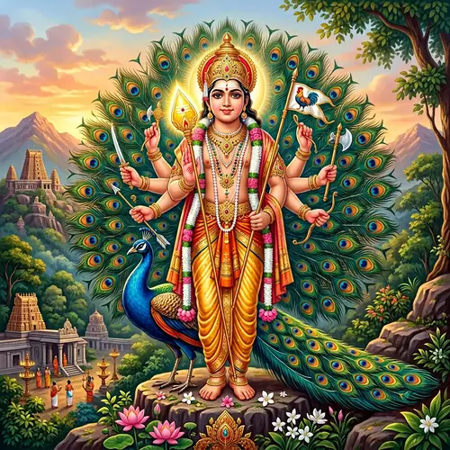 Lord Subramanya: Divine Figure on Peacock with Spear