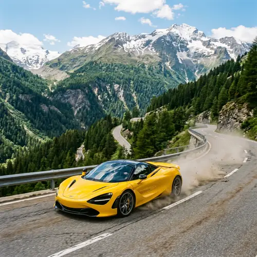 Vibrant Yellow Sports Car Driving Through Scenic Mountain Terrain