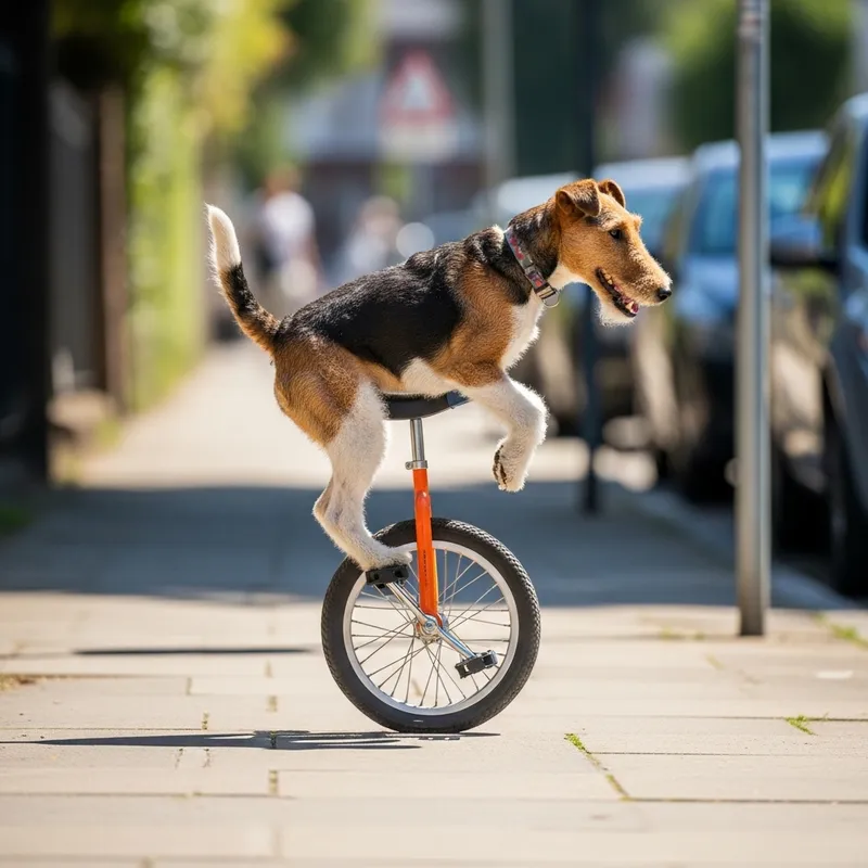 Fox Terrier Dog Riding a Unicycle