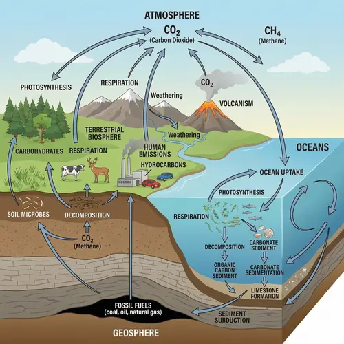Detailed Carbon Cycle Diagram: Processes, Compounds, Reactions