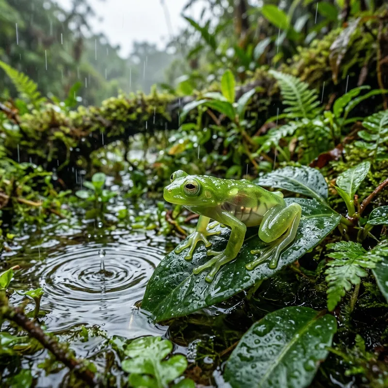 Jelly-Like Green Frog in Enchanting Rain Scene