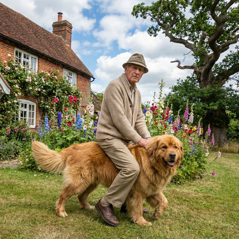 Elderly Caucasian Man Riding Friendly Brown Dog | Whimsical Scene Elderly Caucasian Man Riding Friendly Brown Dog | Whimsical Scene