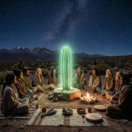 Sacred San Pedro Cactus Ritual Under Starry Night Sky