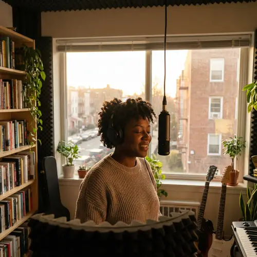 Black Woman Recording in Home Studio