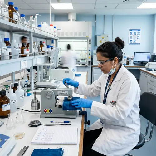 Diligent Female Researcher in Modern Science Lab with Crocmeter Device