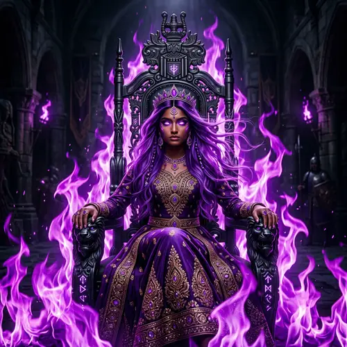 Majestic Purple-Haired Girl | Throne and Flames