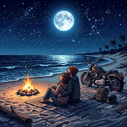 Serene Beach Under a Full Moon in Pixel Art