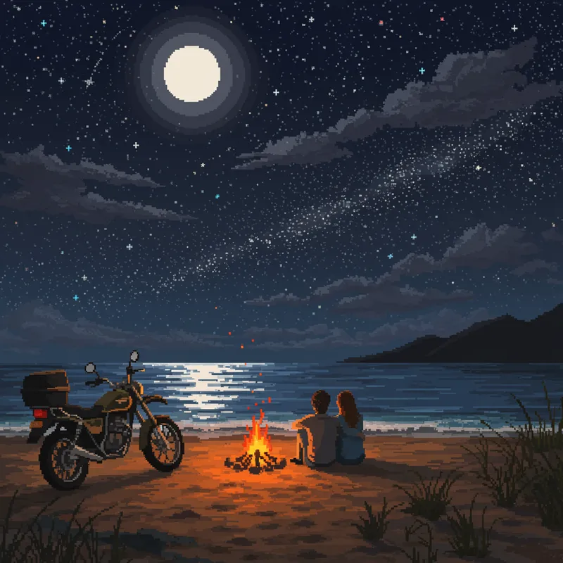 Serene Beach Under a Full Moon in Pixel Art