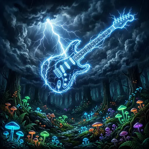 Electric Guitar in the Sky with Mushrooms