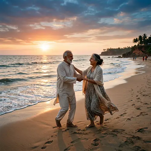Elderly Man and Woman Dancing on Beach by Sea - Panoramic View