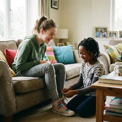 Joyful Sisterly Bond: Playful Shoelace Tying Scene