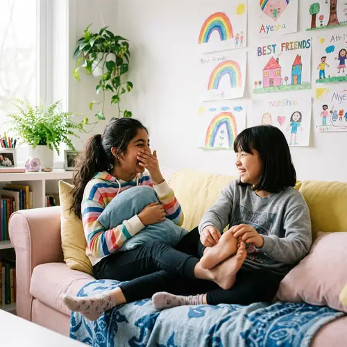 Laughing South Asian and East Asian Girls on Cozy Pastel-Colored Couch