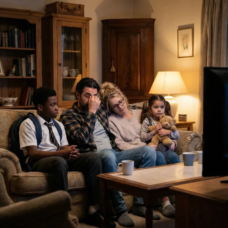 Tired-Looking Diverse Family Conversing in Cozy Living Room