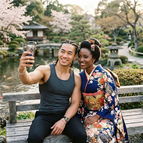 Loving Couple Selfie: Braided Hair Man & Elegant Kimono Woman