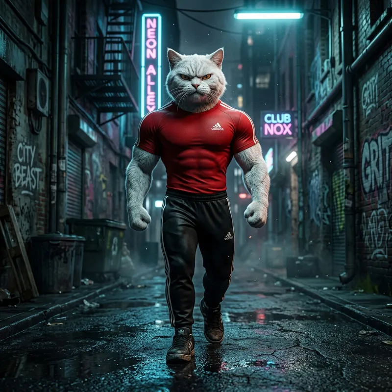Fierce Muscular White Cat in Dark Urban Alley