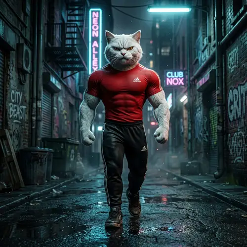 Fierce Muscular White Cat in Dark Urban Alley