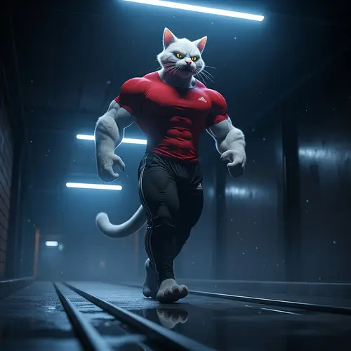 Fierce Muscular White Cat in Dark Urban Alley