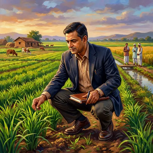South Asian Male Lawyer Inspecting Crops in Rural Landscape