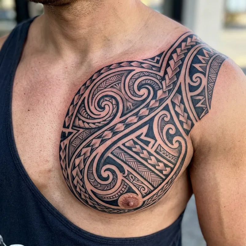 Intricate Tribal Tattoo Design on Chest Intricate Tribal Tattoo Design on Chest