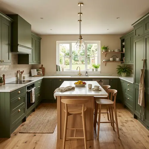 Stylish U-Shaped Moss Green Kitchen Design