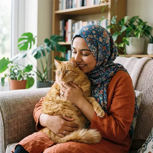 South Asian Woman Showing Affection to Fluffy Red Cat