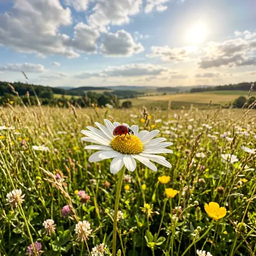 Ladybug on Flower in Sunny Field