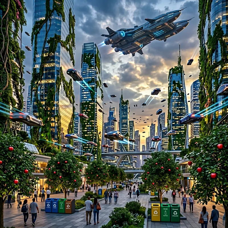 Futuristic Urban Landscape: Glass Skyscrapers & Flying Cars