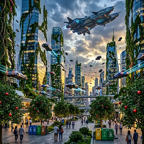 Futuristic Urban Landscape: Glass Skyscrapers & Flying Cars