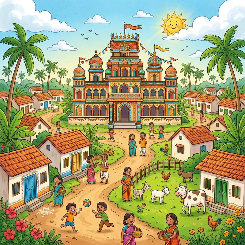 Cheerful South Indian Village Illustration