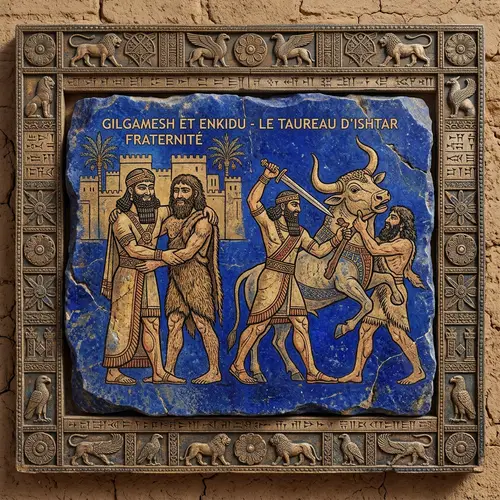 Sumerian Fresco on Blue Stone: Gilgamesh and Enkidu Friendship