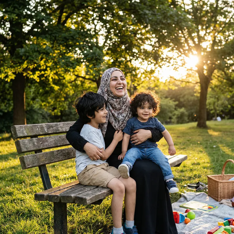 Heartwarming Scene of Middle Eastern Mother with Two Sons - Beautiful Black-Haired Family