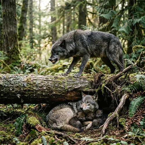 Aggressive Wolf and Female Wolf Guarding Cubs