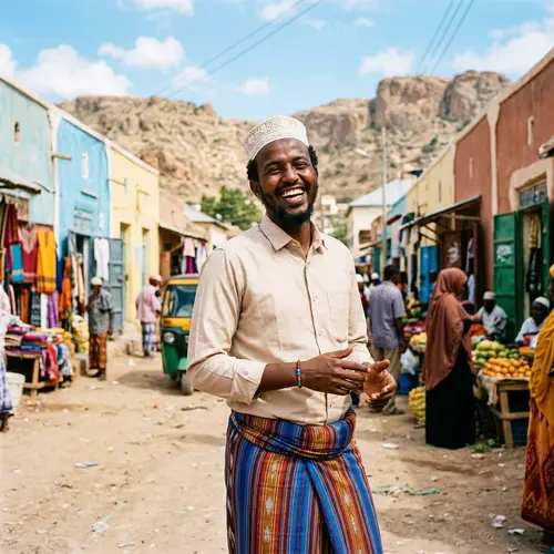 Joyful Somali Man in Traditional Attire | Vibrant Somalia Scene