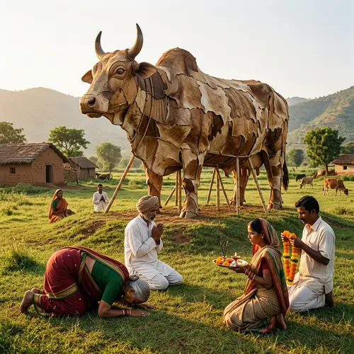 Majestic Cow-Shaped Architectural Structure in Rural India