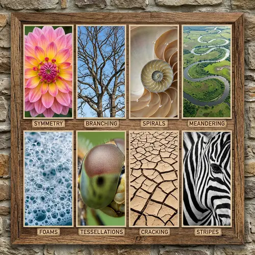 Unique Natural Patterns Collage: Symmetry, Trees, Spirals & More