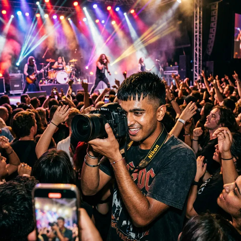 Capturing Rock Concert Energy: South Asian Male with Nikon Camera