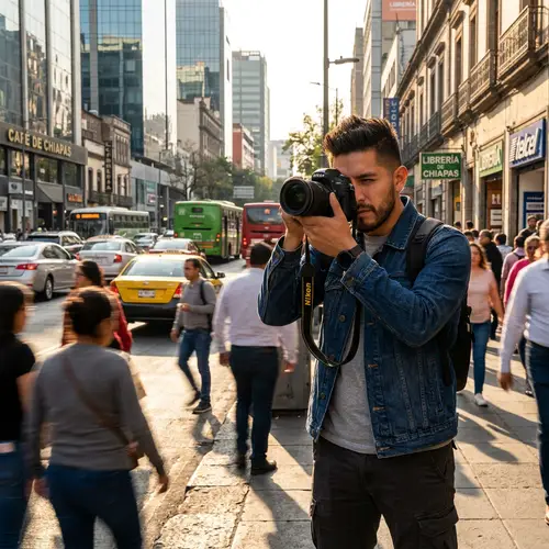 Hispanic Male Capturing Cityscape Moments with Nikon Camera