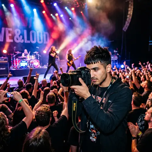 Middle-Eastern Male Capturing Moments at Rock Concert with Nikon Camera