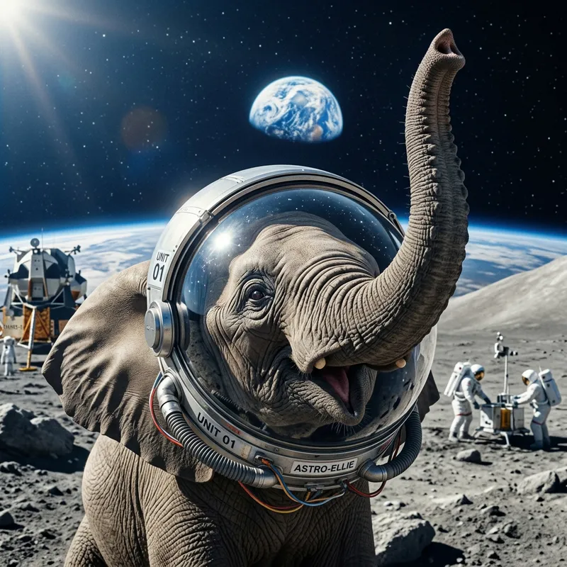 Space Helmet-Wearing Elephant in a Majestic Pose
