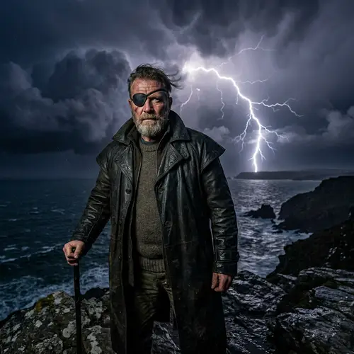 Man with Eye Patch and Lightning Background
