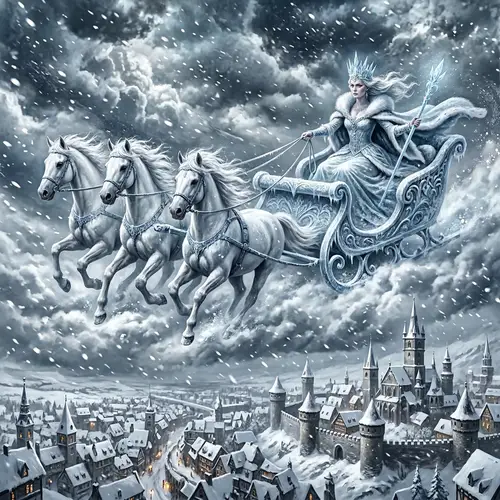 Snow Queen Flying in a Snowy City