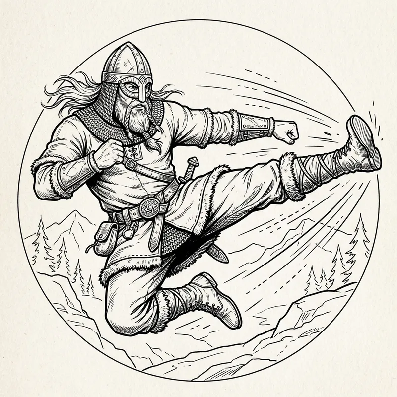 Dynamic Viking Flying Sidekick Drawing - Outline Style