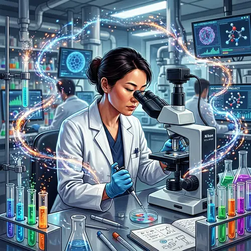 Asian Woman in White Lab Coat Examining Samples | Sterile Laboratory Scene