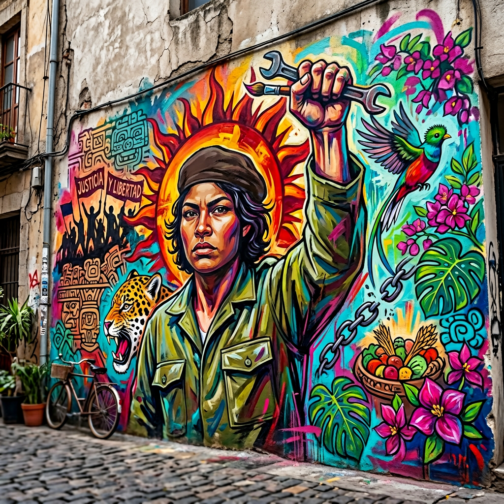 アート・デザイン・音楽 NUEVO MUNDO Latin American Street Art Vibrant Sandino Mural - Latin American History Street Art | AI Art