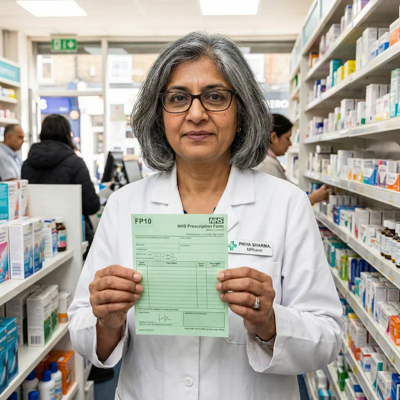 Middle-aged South Asian Female Pharmacist Holding British Prescription in London Pharmacy
