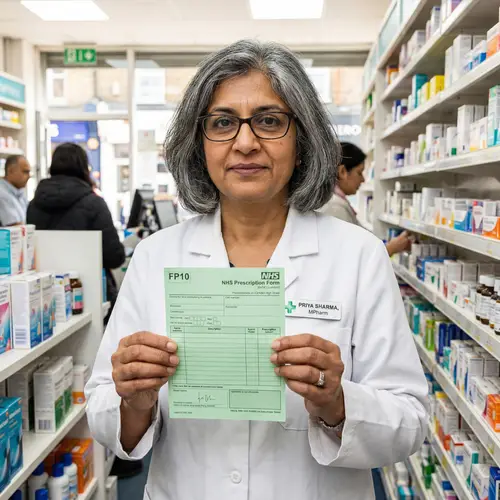 Middle-aged South Asian Female Pharmacist in London Pharmacy